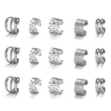 15Pcs Set Unisex Clip On Non-Piercing Earrings Fake Helix Cartilage Conch Ear Decorations Silver