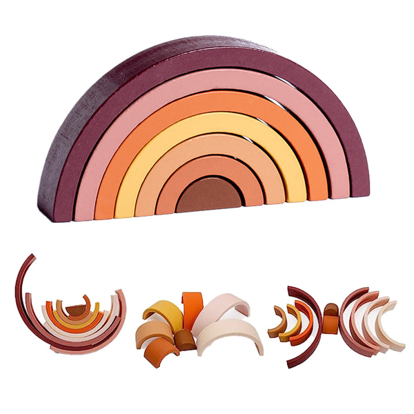 Wooden Rainbow Stacker Nesting Puzzle Blocks Jigsaw Montessori Toys Brown