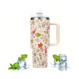 40oz Stainless Steel Christmas Pattern Water Bottle Thermal Mug Travel Tumbler Christmas Gifts Beige