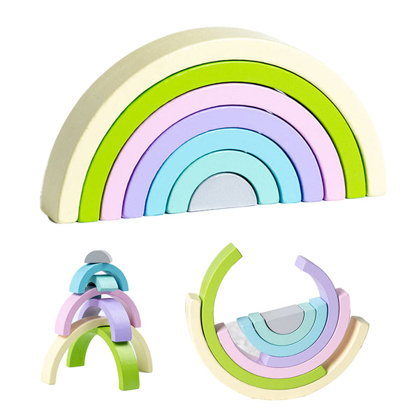 Wooden Rainbow Stacker Nesting Puzzle Blocks Jigsaw Montessori Toys Light Green