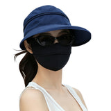 Detachable Wide Brim Sun Hat 2 in 1 with Zipper for Women Navy Blue