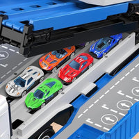 Transform Carrier Truck Race Track Toys with 8 Mini Race Cars Blue