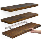 3Pcs Set Wall Mounted Floating Shelves Hanging Wood Storage Shelves for Home Bathroom Brown
