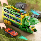 Dinosaur Truck Toy with 12 Alloy Cars Transforming Car Carrier Dinosaur with 145cm Dual Race Track Car Swallowing Transport Truck Toy Set Green