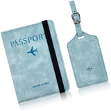 RFID Passport Cover and Luggage Tag Set PU Leather Travel Organizer Light Blue