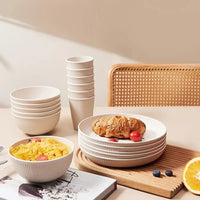 18pcs Set Wheat Straw Dinnerware Reusable Cups Plates Bowls Set Beige