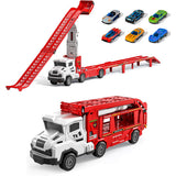 Large Transporter Truck Toy with Dual Track and 6 Alloy Racing Cars Red