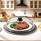 Microwave Splatter Cover Glass with Handle Dual Vents Silicone Trivet Gray