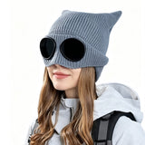 Double Layer Winter Beanie with Goggles Cute Cat Ear Knit Hat for Winter Gray