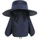 Outdoor Sun Protection Fishing Hat Wide Brim Cap with Neck Flap Face Cover Navy Blue