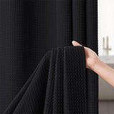 Water Resistant Waffle Shower Curtain with 12 Rustproof Metal Rings Black