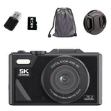 5K Digital Camera 180-Degree Flip Screen 18X Digital Zoom Video Recording Camera with 64GB TF Card Black