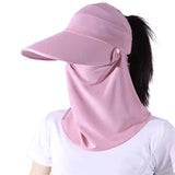 2PCS 3 in 1 Ponytail Sun Hat with Detachable Face Cover and Chin Strap Light Gray And Pink