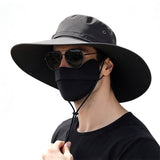 Foldable Wide Brim Outdoor Hat with Wind Strap for Fishing and Hiking Black