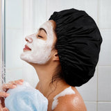 Reusable Polyester Satin Shower Cap Double-Layer Water-Resistant for Women Black