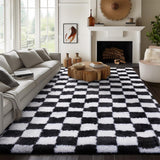 Modern Checkered Style Plush Rug Soft Area Rug for Bedroom Living Room Home Office Black