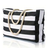 Large Striped Zipper Beach Tote Bag for Travel & Outdoor Vacations Black