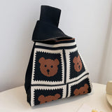 Hooking Tote Bag Small Cute Knot Wristlet Knitted Bag Knitted Wrist Purse Brown Bear