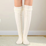 Women's Cable Knit Thigh High Socks Over Knee Stockings Winter Long Boot Warmers White