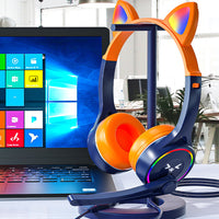 Headworn Headphone for Children Gaming Cat Ear Adjustable Headphones LED Lights Wired Headset Orange