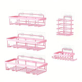 5Pcs Adhesive Shower Caddy Bathroom Wall Organizer Rack Pink