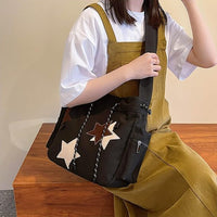 Y2K Canvas Messenger Bag Star Tote Bags Shoulder Travel Crossbody Bags for Women Black