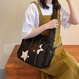 Y2K Canvas Messenger Bag Star Tote Bags Shoulder Travel Crossbody Bags for Women Black