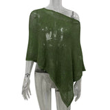 Women Summer Beach Cover Up Irregular Sheer Poncho Shawl Green