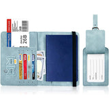 RFID Passport Cover and Luggage Tag Set PU Leather Travel Organizer Light Blue