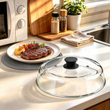 Microwave Splatter Cover Glass with Handle Dual Vents Silicone Trivet Gray