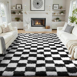 Modern Checkered Style Plush Rug Soft Area Rug for Bedroom Living Room Home Office Black