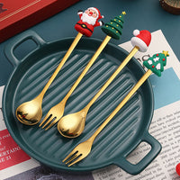 6Pcs Christmas Cutlery Cake Dessert Coffee Stainless Steel Spoon Fruit Fork Tableware Style 3