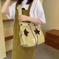 Y2K Canvas Messenger Bag Star Tote Bags Shoulder Travel Crossbody Bags for Women Khaki