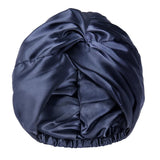 100% Silk Bonnet Sleep Cap for Women Hair Care Adjustable Knotted Turban Hat Navy