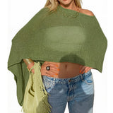 Women Summer Beach Cover Up Irregular Sheer Poncho Shawl Green