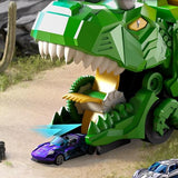 Dinosaur Truck Toy with 12 Alloy Cars Transforming Car Carrier Dinosaur with 145cm Dual Race Track Car Swallowing Transport Truck Toy Set Green