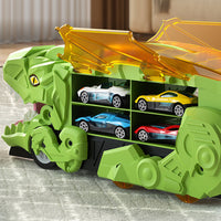7Pcs Set Dinosaur Truck Toys Foldable Transport Track with 6 Pull Back Cars for Kids Christmas Birthday Green
