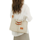 Canvas Tote Bag with Laptop Compartment Multi-Pocket Crossbody for Women Beige
