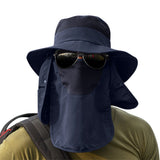 Outdoor Sun Protection Fishing Hat Wide Brim Cap with Neck Flap Face Cover Navy Blue