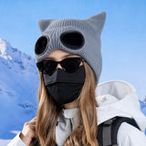 Double Layer Winter Beanie with Goggles Cute Cat Ear Knit Hat for Winter Gray