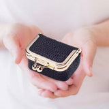 Mini Genuine Leather Jewelry Box Portable Vintage-Inspired Jewelry Case with Kiss Lock for Earring Ring Black