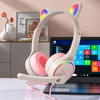 Headworn Headphone for Children Gaming Cat Ear Adjustable Headphones LED Lights Wired Headset Pink