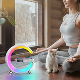Wireless Charger Atmosphere Lamp Digital Alarm Clock Bluetooth Speaker G-Shape Night Light White
