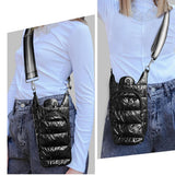 Quilted Insulated Water Bottle Carrier Bag Stylish Puffer Crossbody Hydrowater Pouch with Card Holder Pocket Black