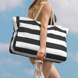 Large Striped Zipper Beach Tote Bag for Travel & Outdoor Vacations Black