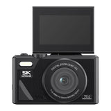 5K Digital Camera 180-Degree Flip Screen 18X Digital Zoom Video Recording Camera with 64GB TF Card Black