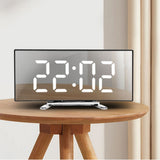 Curved LED Mirror Alarm Clock with Temperature Display for Bedroom Bedside Use White