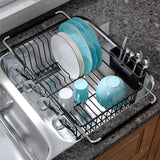 Stainless Steel Over Sink Dish Drying Rack Expandable with Utensil Holder Black