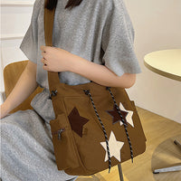 Y2K Canvas Messenger Bag Star Tote Bags Shoulder Travel Crossbody Bags for Women Brown