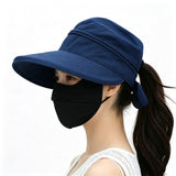 Detachable Wide Brim Sun Hat 2 in 1 with Zipper for Women Navy Blue